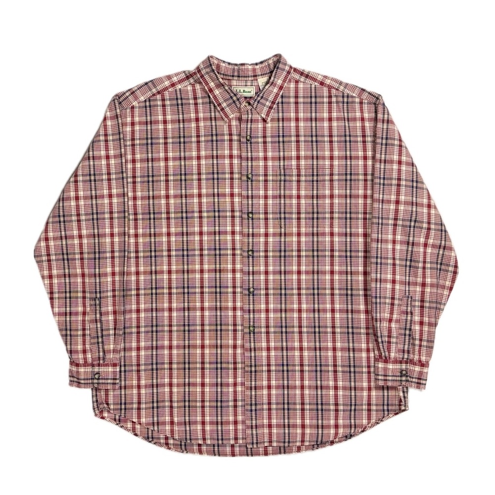 Vintage LL Bean 100% cotton red white tartan‎ plaid button up shirt mens XL